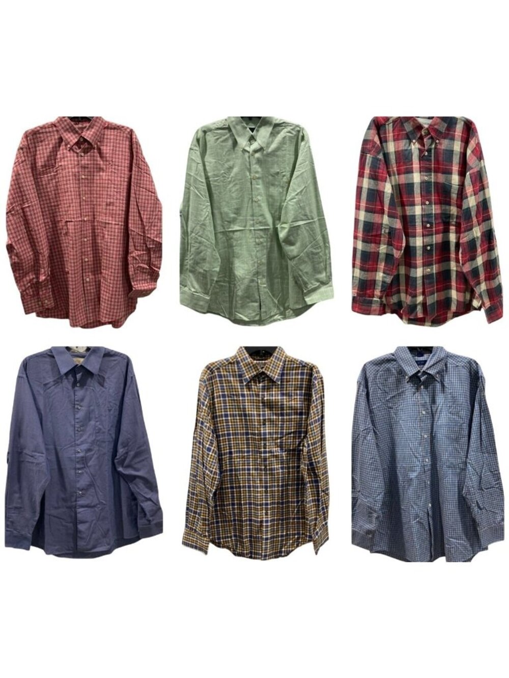 6 Mens Button Down Plaid Shirte Lot L Brown Blue Red Academia Preppy Retro Offic